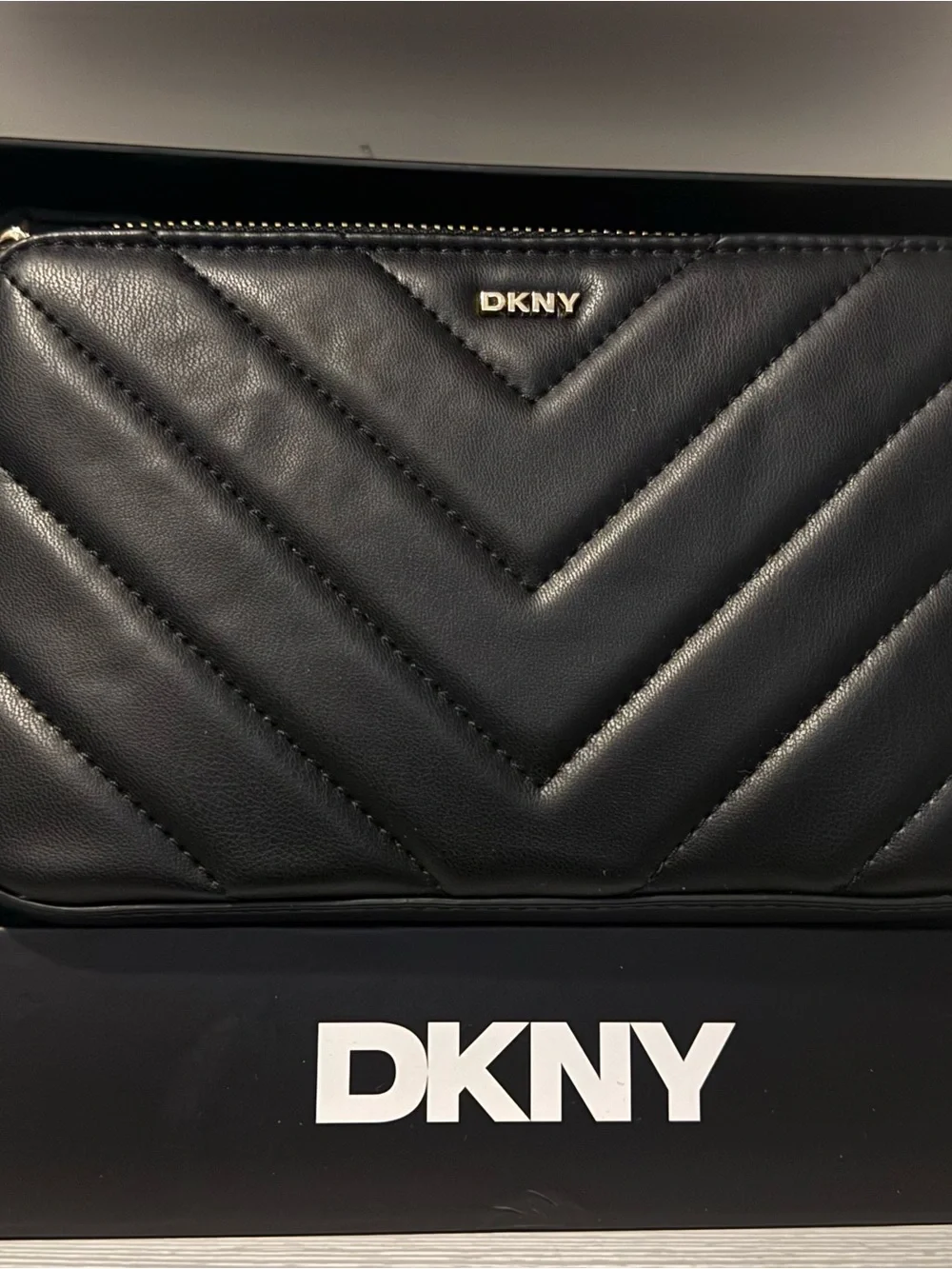 DKNY Black Quilted Chevron Leather Zip Wallet with Gold Logo